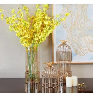 Vases Creativity Glass Vase Metal Golden Bird Candlestick Birdcage Flower Accessories Modern Home Decoration Desktop Crafts