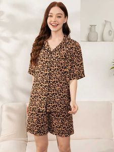 Womens Sleepwear 100% Viscose Plus Size S-3XL 2pcs Pajamas Short Slve Leopard Loose Pants Nightwear Suit Female Casual Pajama Set for Women Y240426