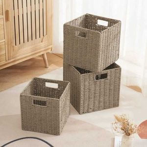Storage Baskets Seaweed Storage Basket Foldable Straw er Rattan Storage Box Seagrass Folding Laundry ClothesToy Baskets Closet Organizer