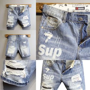 Men's Jeans Summer Light Blue Ripped Cat Whisker Patch Letter Print Slim Denim Shorts Teenagers Boys and Girls Cowboy Short Pants 230711