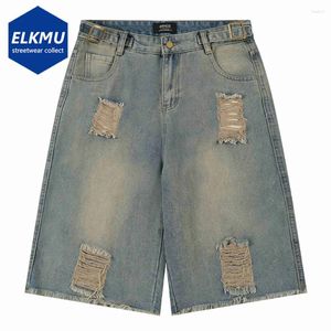 Męskie szorty Mężczyźni Vintage Blue Denim Rubled Noce Worbgy Dżinsy 2024 Summer Mężczyzna luźne luźne y2k