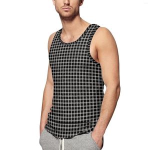 Men's Tank Tops Black Plaid Print Top Males White Lines Fashion Summer Workout Custom Sleeveless Shirts Big Size