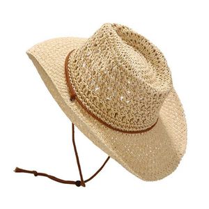 Wide Brim Hats Bucket Hats A newly handcrafted Western cowboy Str hat with a hollow and breathable sun visor for outdoor beach travel J240429