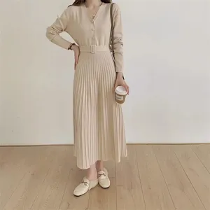 Lässige Kleider Korea Elegant V-Ausschnitt Ein-Brüst-Frauen dicker Pulloverkleid 2024 Herbst Winter Strick-Gürteltisch A-Line Soft