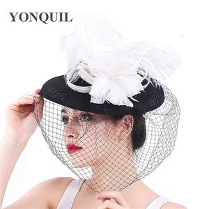 Wide Brim Hats Bucket Hats Women Nice Wedding Hats Ladies Fascinators For Bride feather Floral Veil Bowler Hat Women Banquet Black Party Millinery Cap Y240426