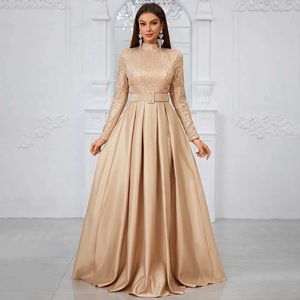 Landebahnkleider Yisikado Giffniseti Womens Long Slve High Neck Pailletten Plisebisse Abendkleid (mit Gürtel) Y240426