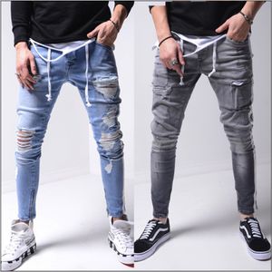 Men's Jeans Mens Retro Blue Gray Side Stripes Hole High Street Pleated Slim Stretch Long Denim Hip Hop Pants Pencil For Male 248h