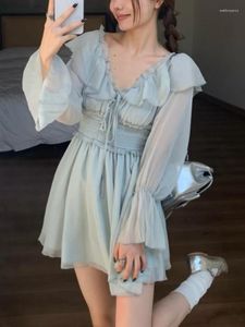 Casual Dresses Deeptown Y2K Fairycore Blue Mini Dress Women Korean Style Ruffles Långärmad Tunika Sweet Egirl Princess Vestidos Autumn