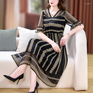 Party Dresses 2024 Fashion Embroidery Striped Silk Luxury Long Dress Women Korean Vintage Elegant Prom Summer Chic Features Of