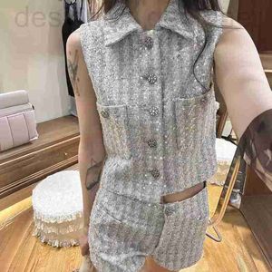 Kvinnors tvådelade byxor Designer Brand Silver Transparent paljett Temperament Small doftande vindvävd Woolen Vest Top+Versatile Casual Shorts Set för kvinnor 3MW7