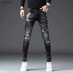 Jeans maschili di alta qualità da uomo slim fit elastico jeans strappato nero strappato colorato decorazioni di decorazioni casual alla moda jeans da strada alla moda e sexy;WX