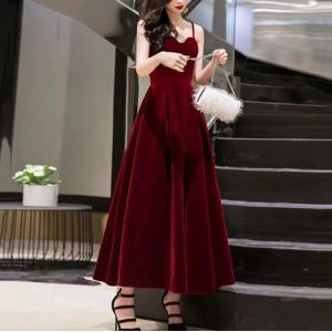Sexy Long Burgundy Spaghetti Straps Velvet Evening Dresses Sleeveless A Line Tea Length Formal Occasion Dress