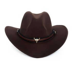 Широкая края западная ковбойская шляпа Мужчины Женщины шерсть Федора Шляпы Кожаная лента бычья голова группы Panama Cap8026290