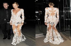 Seksowne Michael Costello Celebrity Evening Sukienki głębokie V Nakień długie rękawy aplikacje Tiul Postrzegaj przez Illusion Nude White Prom Dres6901595