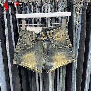 Kvinnors jeans amerikansk stil retro denimshorts för kvinnor 2024 sommar hög midja kort bantning längre ben a-linje byxor mode