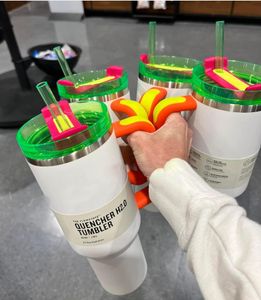 DHL Electric Neon White Pink Yellow Green Black 40oz Quencher H2.0 Mugs Tiedye Comso PINK Parade Cups Stainless Steel Tumblers with handle Chocolate Gold Cup 0527