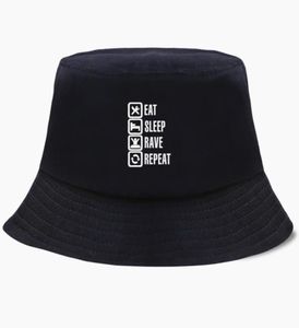 Berets Eat Sleep Rave Repeat Bob Bucket Hats Summer Mens Panama Women Fisherman Hat Cotton Korean Black Caps Hip Hop Beach Print C5602512