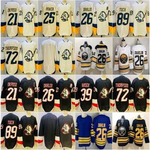 Odwrotne retro 2 0 Koszulki hokejowe 26 Rasmus Dahlin 21 Kyle Okposo 72 TAGE Thompson 89 Alex Tuch 25 Owen Power 39 Dominik Hasek Black Siched Shirts 50th Gold Mens 327C 327C