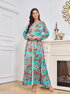 Ethnic Clothing Eid Muslim Dress For Women Islamic Print Dresses Belt Long Sleeve Floral Robe Jalabiya Ramadan Abayas Caftan Kaftan Vestidos