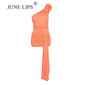 Casual Dresses June Lips 2024 Autumn/Winter Sexig Orange One Shoulder Off Back 3D Flower Dress Women's Celebrity Club kväll