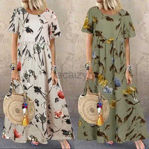 Grundläggande casual klänningar Designer Dress Summer Women's New Ethnic Style tryckt rund hals Kort ärm stor lös lång klänning