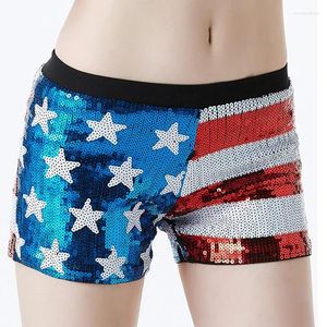 Kobiet's Shorts Sexy Club Dance Performer American US Flag Flag Sequin Stars and Stripes Elastyczne talia Elastyczne Mini Women Summer