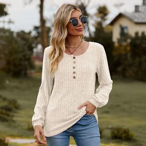Women's Blouses Autumn Fall Casual Top Stylish Striped Texture T-shirt Button Decor Elastic Cuff Soft Breathable Fabric For Spring