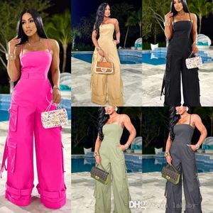 2024 New Sexy Jumpsuits For Women Onepiece Bodysuit Sleeveless Strap Overalls Wrap Chest Wide Leg Playsuit Multi Pocket Cargo Jumpsuit