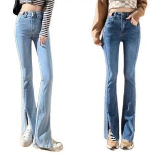 Women's Jeans Woman Denim Pants Jean Femme High Waist Full Length Slim Slit Bootcut Button Hem Flare Autumn