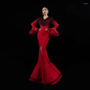 Parti Elbiseleri Baisha V yaka kırmızı gece elbise püskülleri fırfır kenarı kollu moda ziyafet zarif denizkızı için ince uyum