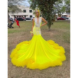 Satin Dress Prom Yellow Long For Black Girls Beading Sequins Lace Ruffles Evening Birthday Party Gown Vestidos