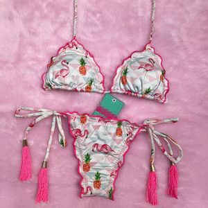 Neue Flamingo und Ananas gedruckte brasilianische Bikini geflochten