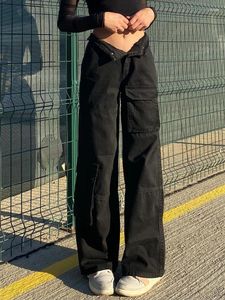 Jeans femininos Baixa ascensão preta de bolso de bolso de retalhos reta Cargo de carga harajuku streetwear calça jeans feminina moda capris