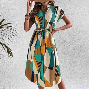 Grundläggande avslappnade klänningar Designer Dress Ladies Summer Elegant Full Print Batwing Sleeve Belt Dress Fashion Women's Wear