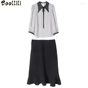 Arbeitskleider Stück Boollili zwei Set Frauen Vintage Polka Dot Blusen 2024 Schwarzer Midi -Rock Frauen Tops und weißes Hemd Ensemble Femme