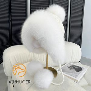 Ladies Fox Fur Princess Hat Winter Fashion Casual Business varm stickad hatt 100% Natural Fox Fur 240127