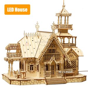 3D-Holzpuzzle Villa Haus Königsschloss mit Licht Montagespielzeug Kind Erwachsene DIY Modellbausätze Schreibtischdekoration als Geschenk 240122