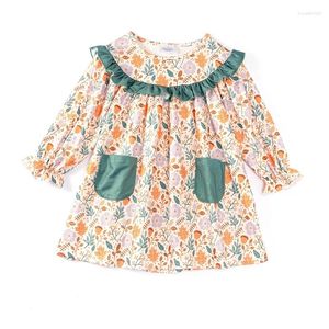 Flickklänningar Girlymax hösten Autumn Winter Floral Print Baby Girls Boutique Clothes Children Dress Long Sleeve Pocket Kne Length