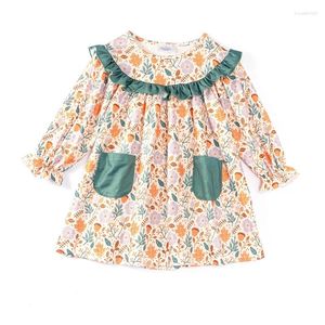 Vestidos da menina Girlymax outono inverno floral impressão bebê meninas boutique roupas crianças vestido de manga longa bolso na altura do joelho