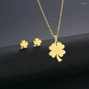 Pendant Necklaces Fashion Gold Color Clover Necklace For Women Stainless Steel Stud Earrings Chain Choker Jewelry Set Wedding Party Gift