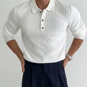 Lässiges gestricktes Langarm-Poloshirt für Herren, leicht, luxuriös, einfarbig, Textur, Revers, Freizeit-T-Shirt, Herbst, atmungsaktiv, M-3XL, 240201