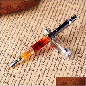 Fountain Pens Wholesale Wingsung 698 Pen Transparent Piston Wing Sung Ink Iridium 0.38/0.5Mm Gold Sier Clip With Gift Box Office Dro Dhqos
