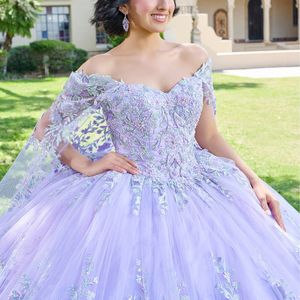 Lilac Sexy Off The Shoulder Ball Gown Quinceanera Dress Applique Lace Beads Tull With Cape Ribbons Corset Vestidos 15 De XV Anos