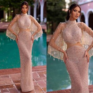Fashion Women Evening Dresses High Collar With Wrap Prom Gowns Sequins Crystal Dress For Party Custom Made Robe De Soiree
