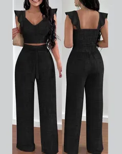 Women's Two Piece Pants Two-Piece Set Ruffled Edges Short Top High Waisted V-Neck Sleeveless Pocket For Spring/summer 2024