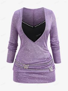 Kvinnors T-skjortor Rosegal Plus Size Fall långa ärmar Toppar Butterfly Chain Star Glitter Ruched Surplice T-shirt Purple Blause Tees