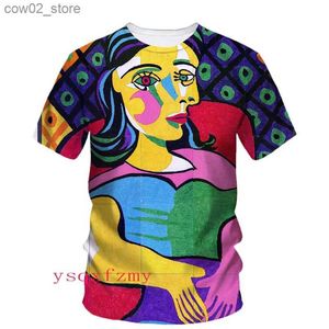 Homens camisetas Picasso Pintura a óleo 3D Impressão HD Art Graffiti Personalidade Moda Homens e Mulheres Redondo Pescoço Manga Curta Rua Casual T-shirt Q240201