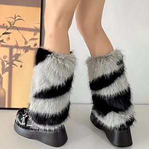 Kadın Çorap Zebra Bacak Isıtıcı Y2K Yapay Kürk Stripe Japon Lolita Sahte Ayakkabı Kelepçeleri Kapak Sokak Giyim