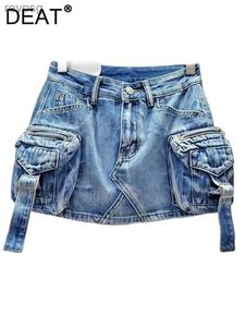 Skirts DEAT Womens Denim Skirt Solid Color High Waist Wrap Hip 3d Pockets A-line Short Cargo Miniskirt 2024 Spring New Fashion 29L6720 YQ240201