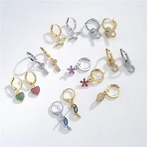 Серьги-кольца EYIKA, изящные, универсальный стиль, цветок, сердце, позолоченная латунь, разноцветный циркон, ключ, птица для женщин